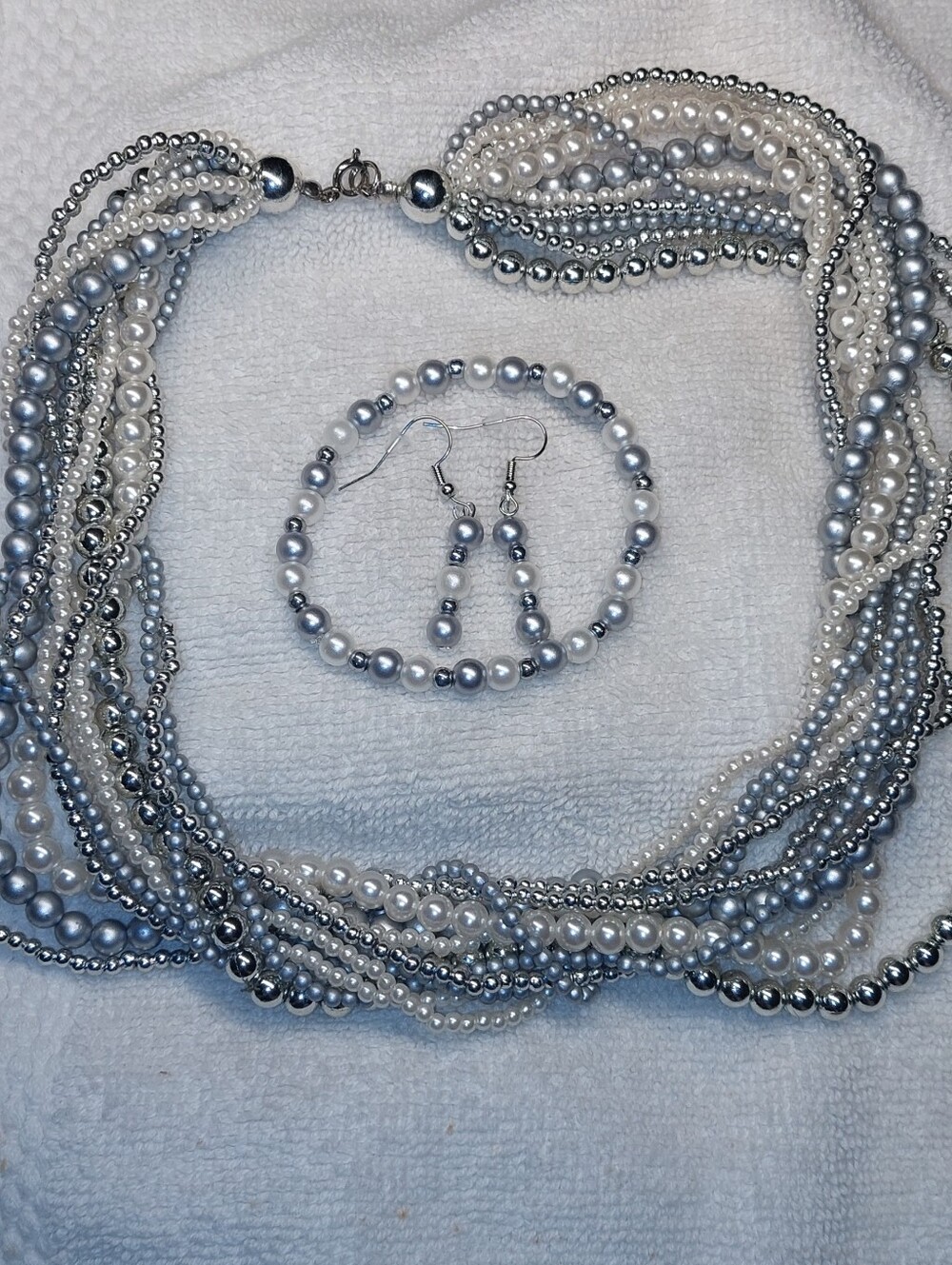 Silver & White Faux Pearl Multi-Strand Necklace Set with Bracelet & Earrings